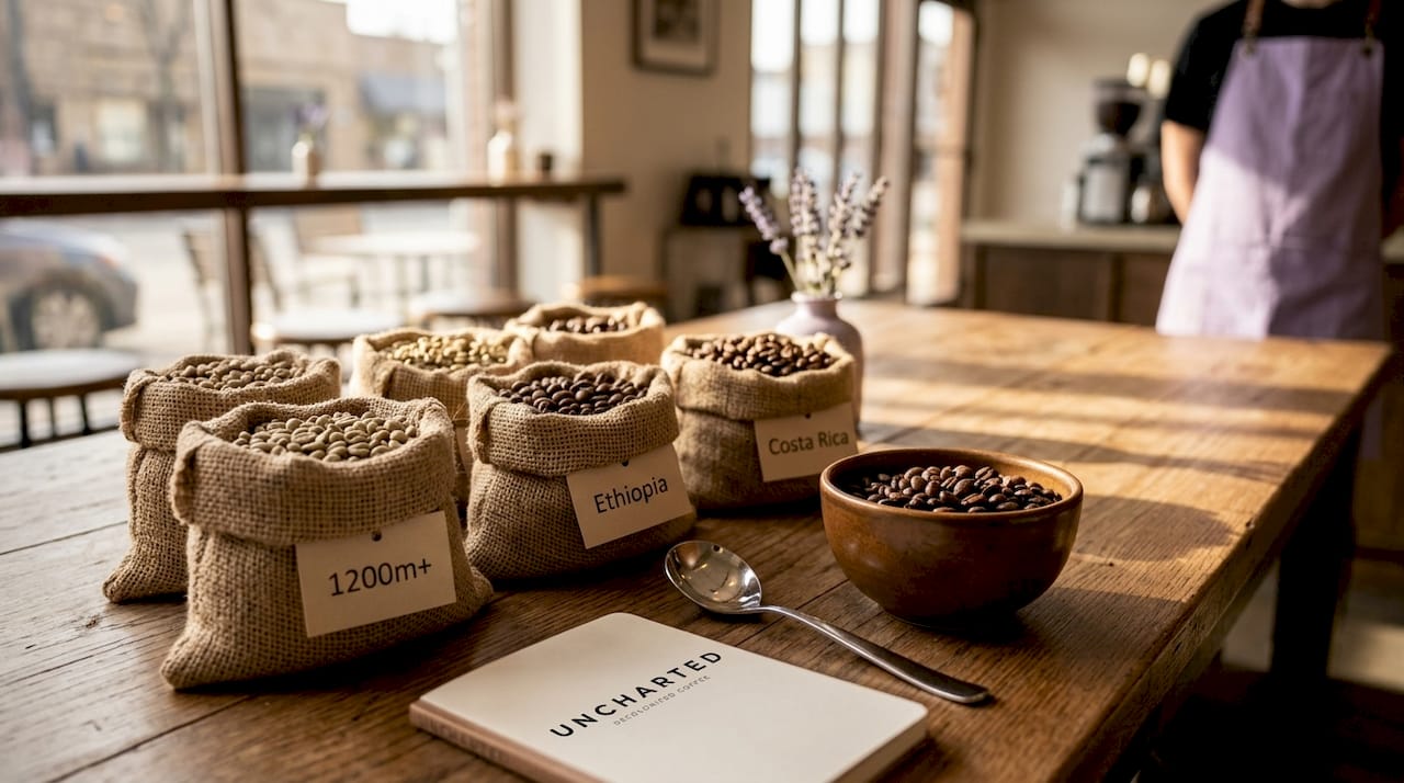 Coffee beans by altitude and region close-up