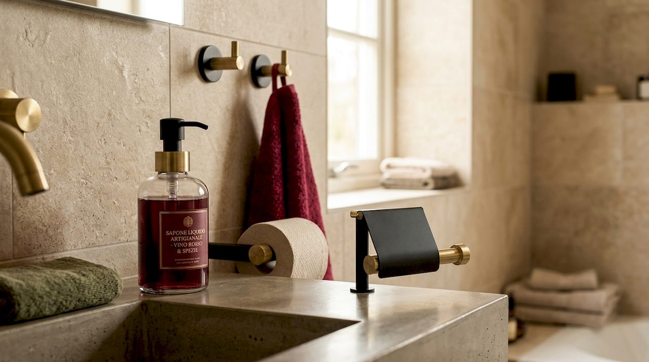 Dettaglio ravvicinato delle finiture coordinate degli accessori da bagno