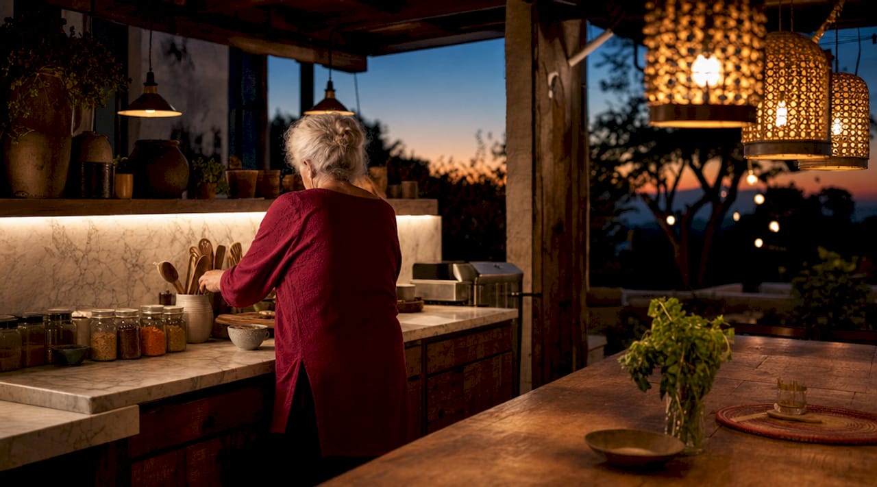 Cucina con un’illuminazione studiata su più livelli e un tocco personale