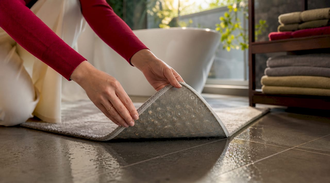 Due mani sollevano delicatamente il tappetino antiscivolo dal pavimento del bagno.