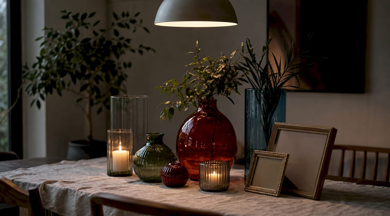 Descrizione dettagliata della composizione di oggetti decorativi con illuminazione calda