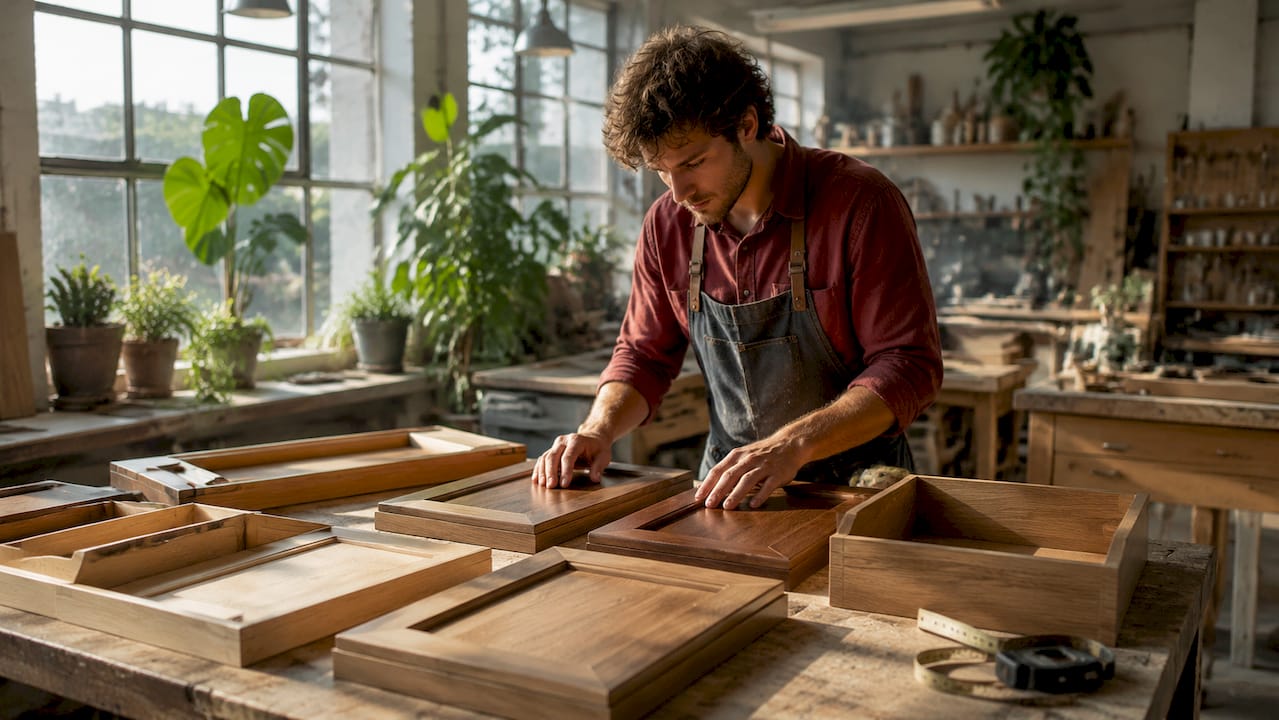 Mani che esaminano campioni di mobili da bagno in legno