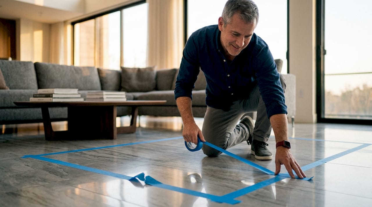 Mani che applicano del nastro adesivo da pittore sul parquet per delimitare l’area dove andrà posizionato il tappeto.