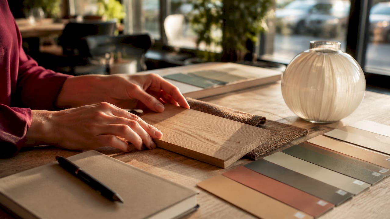 Mani che confrontano materiali e colori naturali per l’arredamento di casa