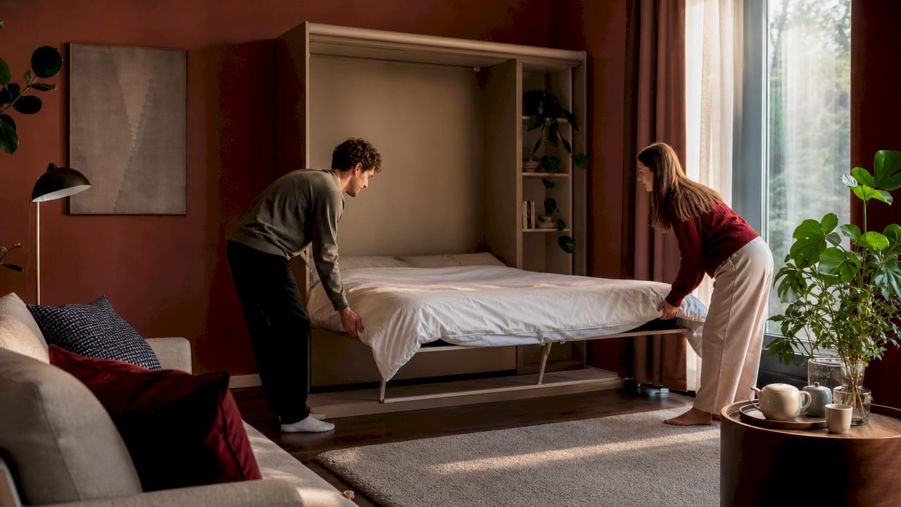 Letto a scomparsa aperto in un monolocale pieno di luce