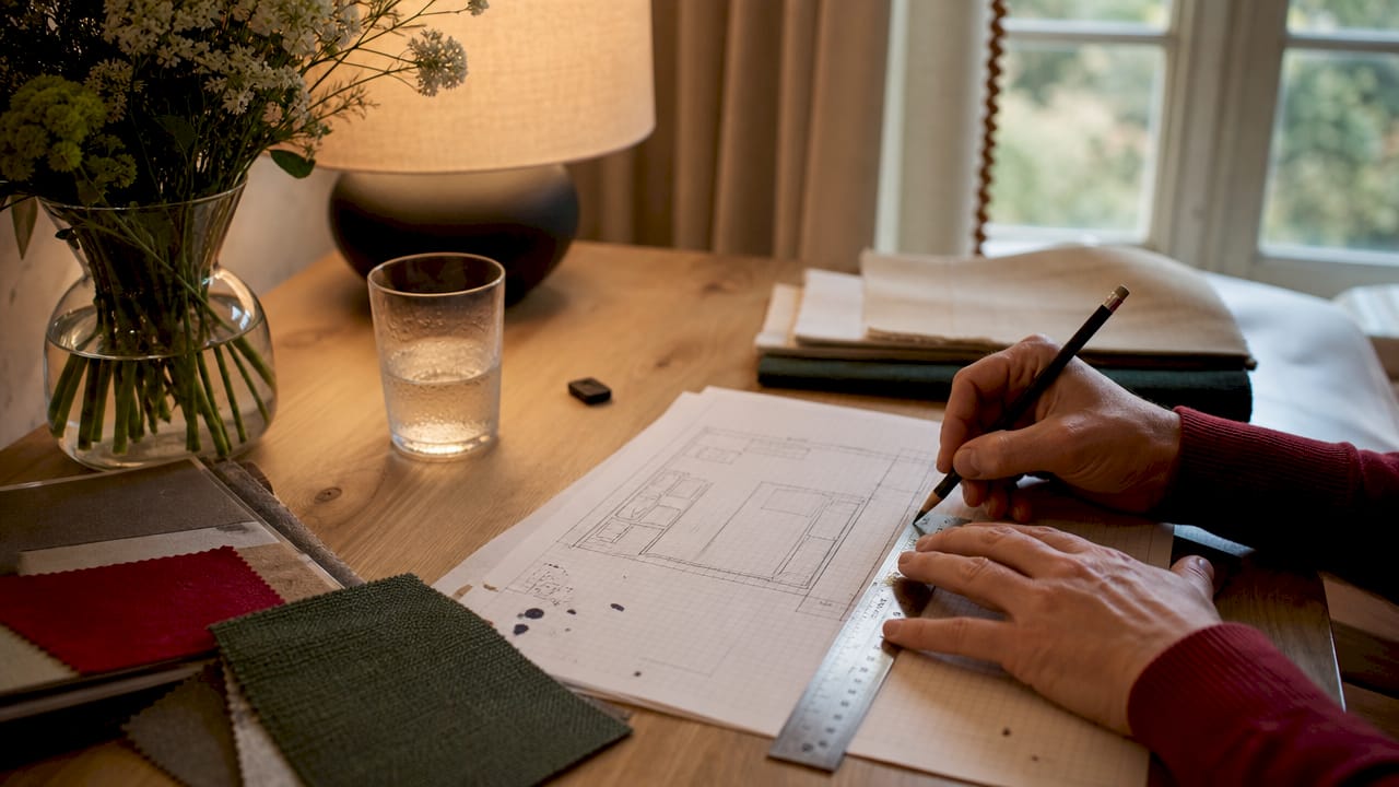Mani che disegnano a mano libera la planimetria di una camera da letto