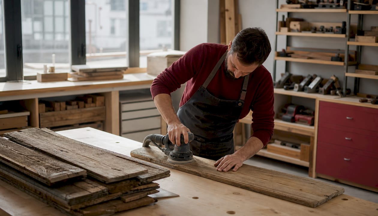 Un artigiano dà nuova vita al legno recuperato, lavorandolo con cura per renderlo liscio e perfetto.