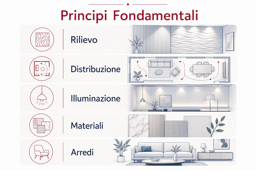 Infografica dedicata ai pilastri fondamentali dell’arredamento d’interni