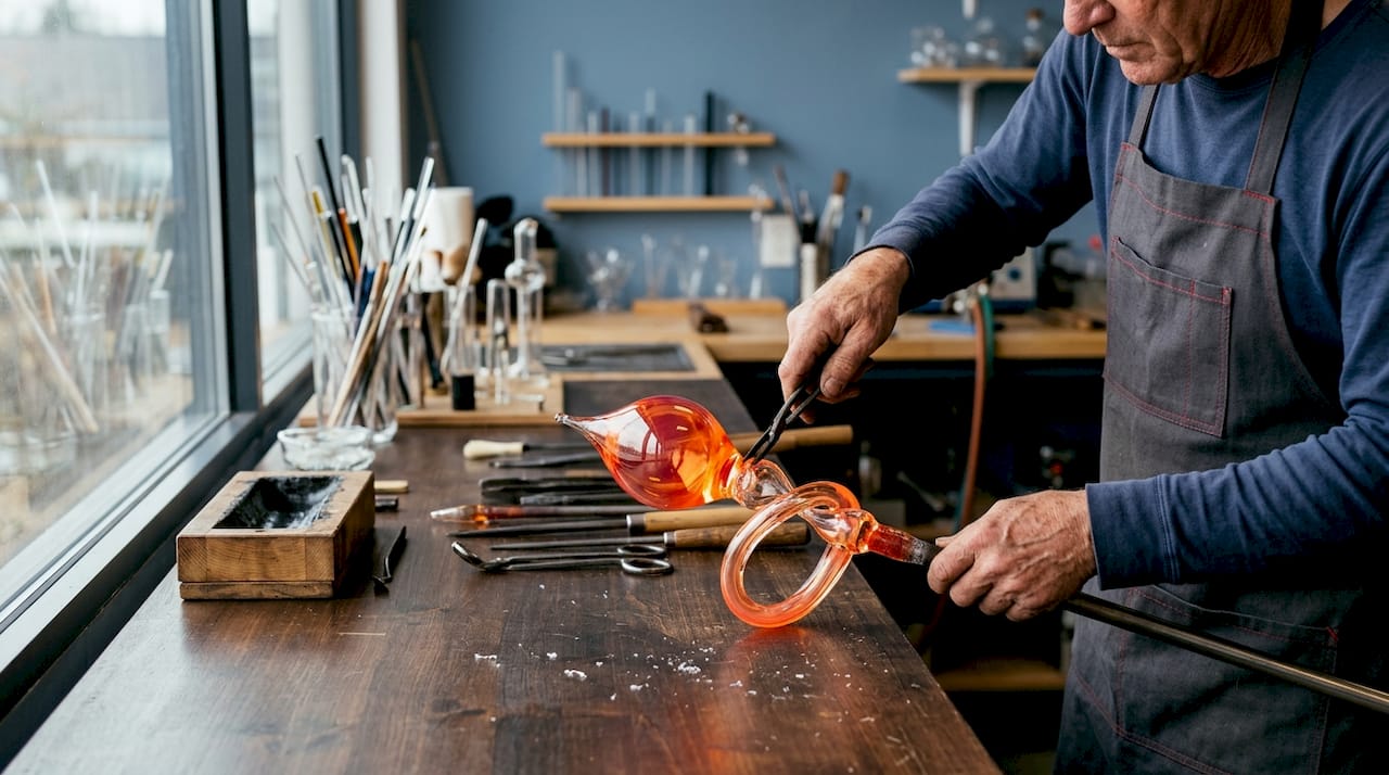 Le mani dell’artigiano modellano con maestria una lampada in vetro soffiato, dando vita a un pezzo unico e raffinato.