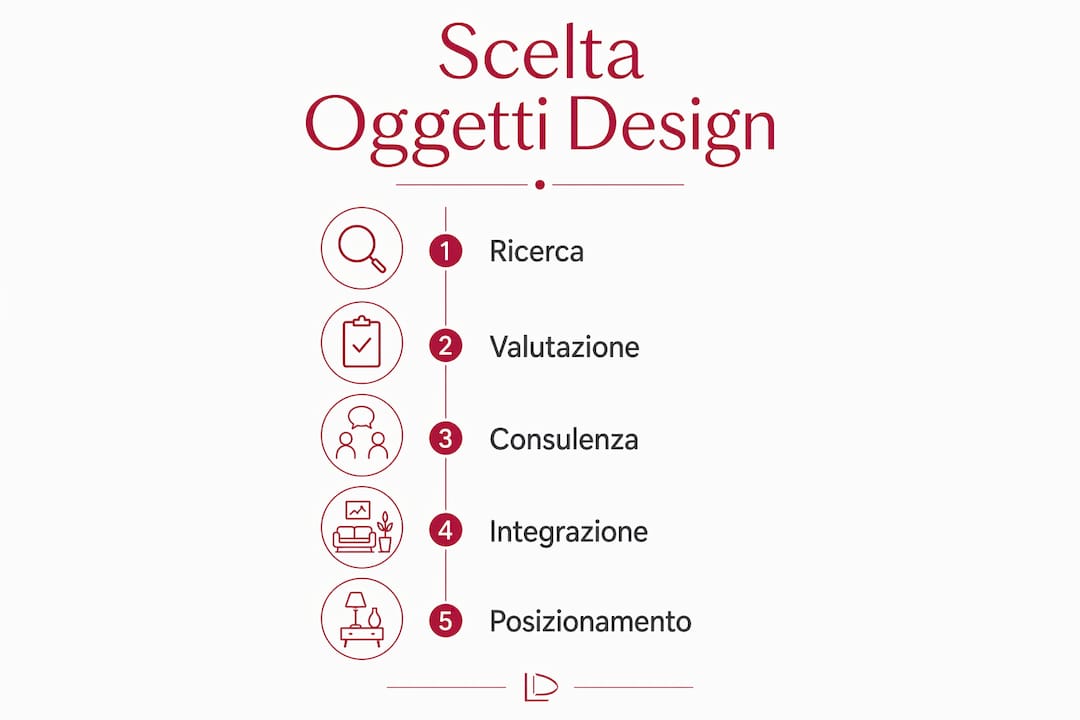 Infografica che mostra le fasi per scegliere un oggetto di design