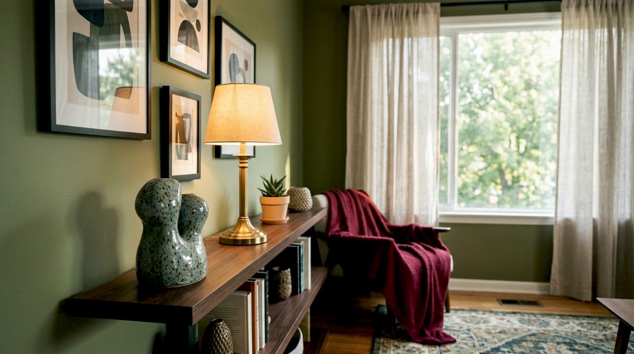 Ambiente arredato con una scultura dal design decorativo e quadri floreali alle pareti