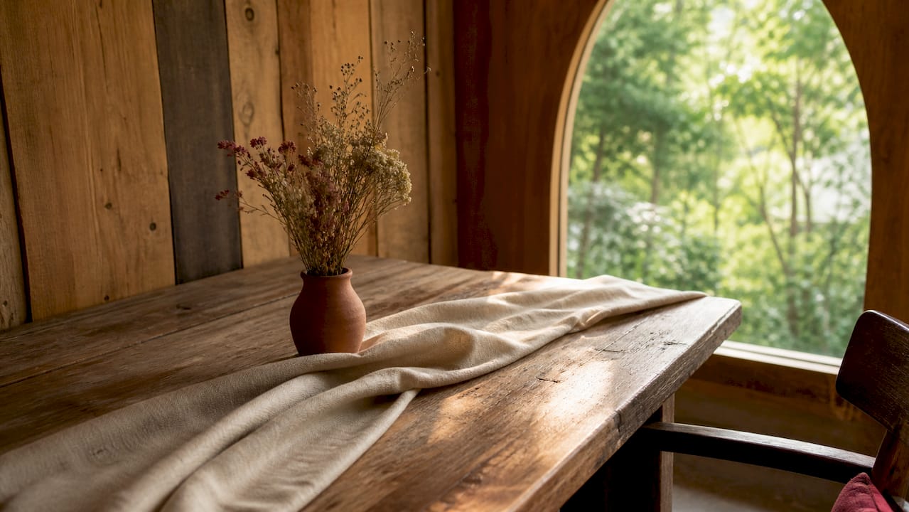 Particolare di un tavolo realizzato con materiali naturali