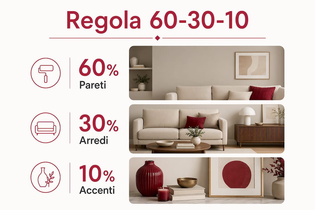 Infografica che mostra come applicare la regola del 60-30-10 nella scelta dei colori per pareti e arredi