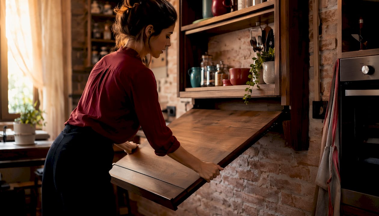 Una donna rinnova la sua cucina moderna creando un pratico tavolo a scomparsa sulla parete.