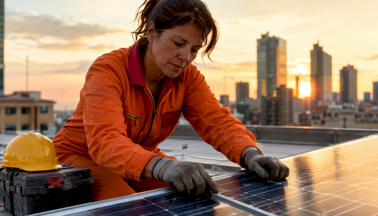 Una donna sceglie di puntare sulle energie rinnovabili e fa installare pannelli solari sul tetto di casa.
