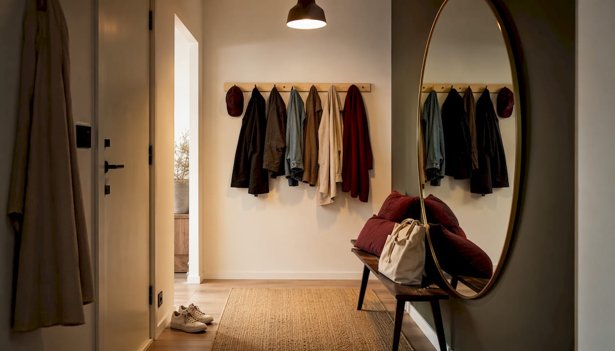 Un ingresso dal design nordico, pensato per essere pratico e al tempo stesso invitante.