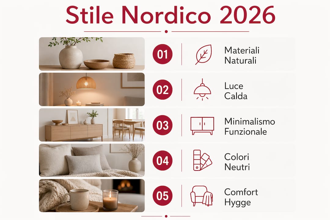 Infografica: i pilastri dello stile nordico per una casa calda e accogliente