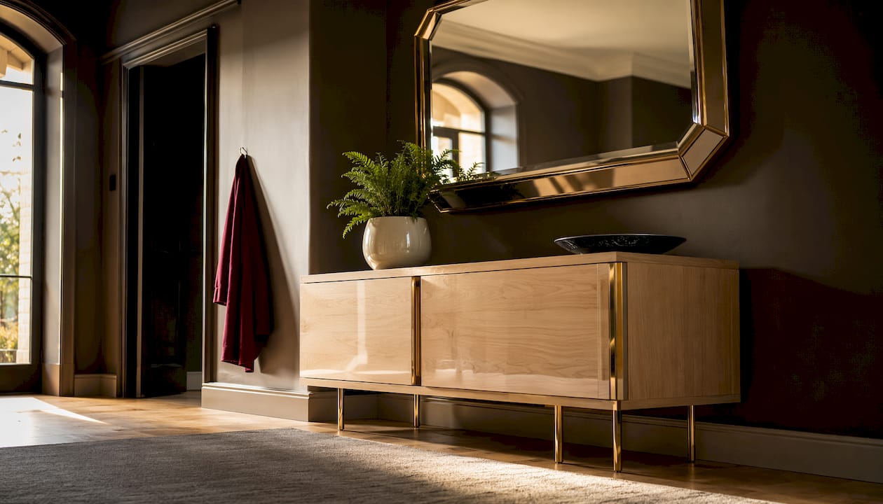 All’ingresso di casa spicca un elegante specchio con cornice in ottone e bisellatura, perfetto per donare luce e raffinatezza all’ambiente.