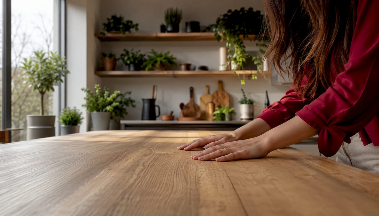 Le mani si posano delicatamente su un tavolo in legno dal design semplice e naturale.