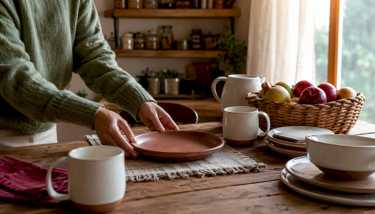 Mani che sistemano piatti e tazze in ceramica sul piano della cucina