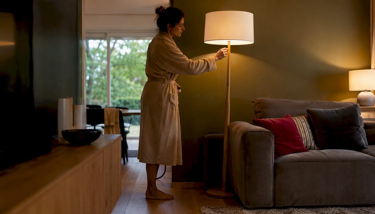 Un salotto avvolto da una calda illuminazione, sapientemente distribuita per creare atmosfera e comfort.
