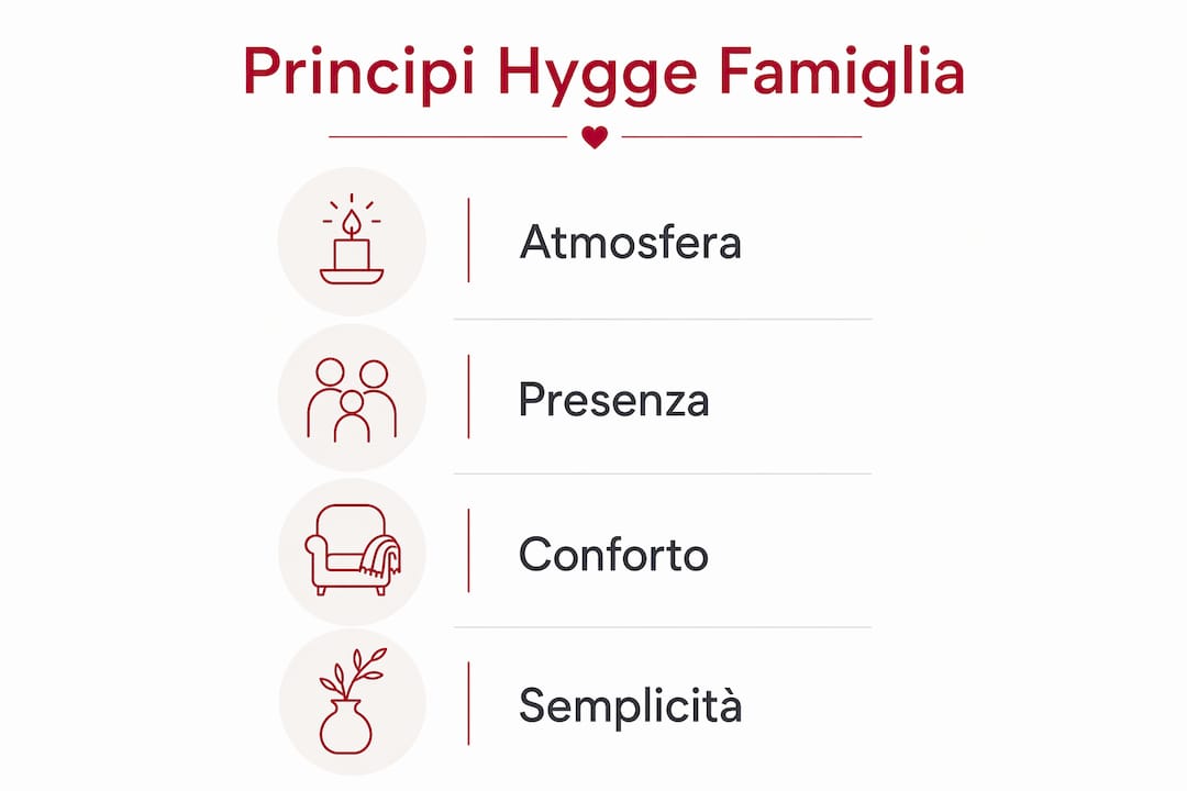 Grafica che racconta come portare lo stile hygge in famiglia, tra momenti di calore, condivisione e semplicità.