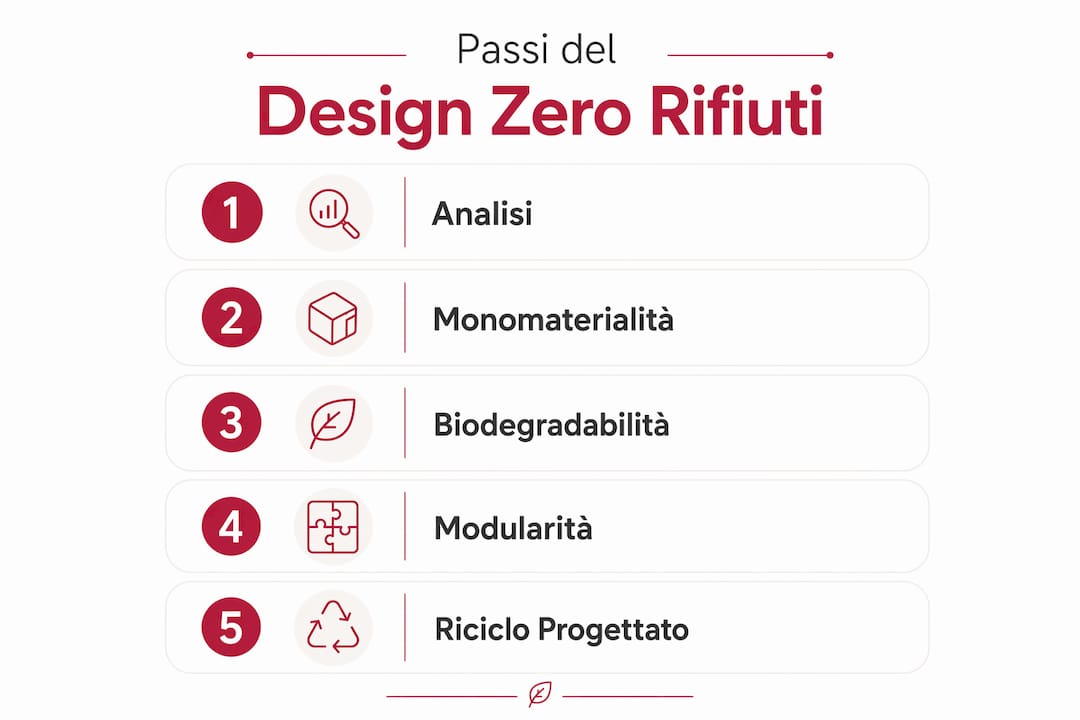 Infografica che illustra le tappe fondamentali del design a rifiuti zero