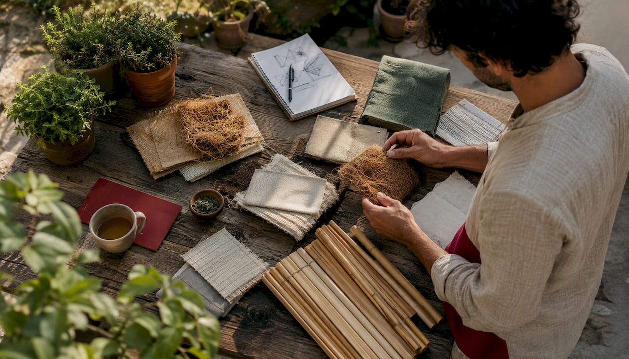 Mani che scelgono con cura materiali eco-friendly