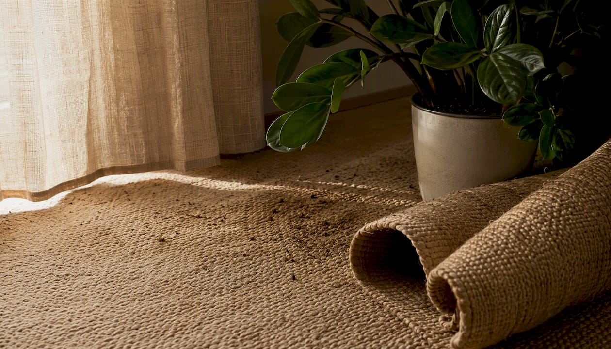 Dettaglio di un tappeto in fibre naturali accostato a una pianta verde all’interno di casa