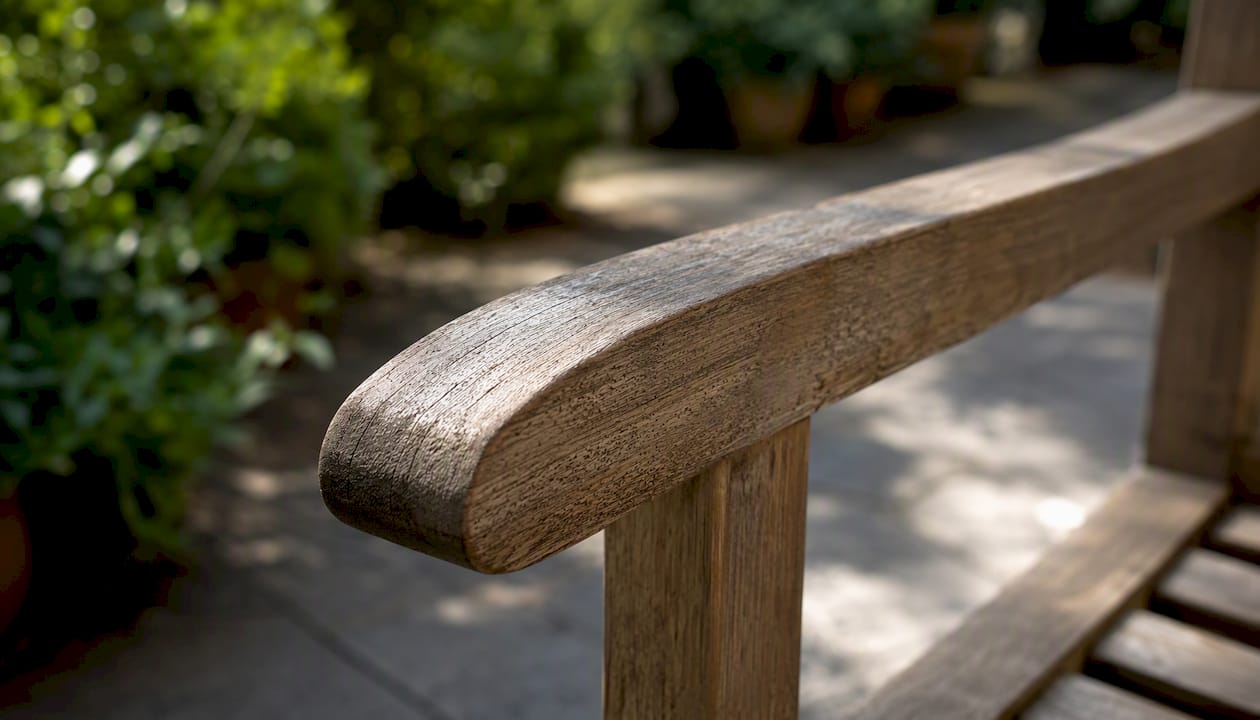 Dettaglio del bracciolo in teak di una panchina da esterno