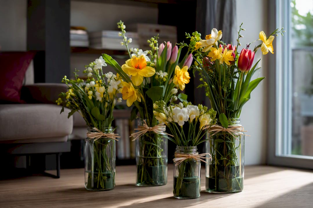 Barattoli di vetro con fiori primaverili freschi