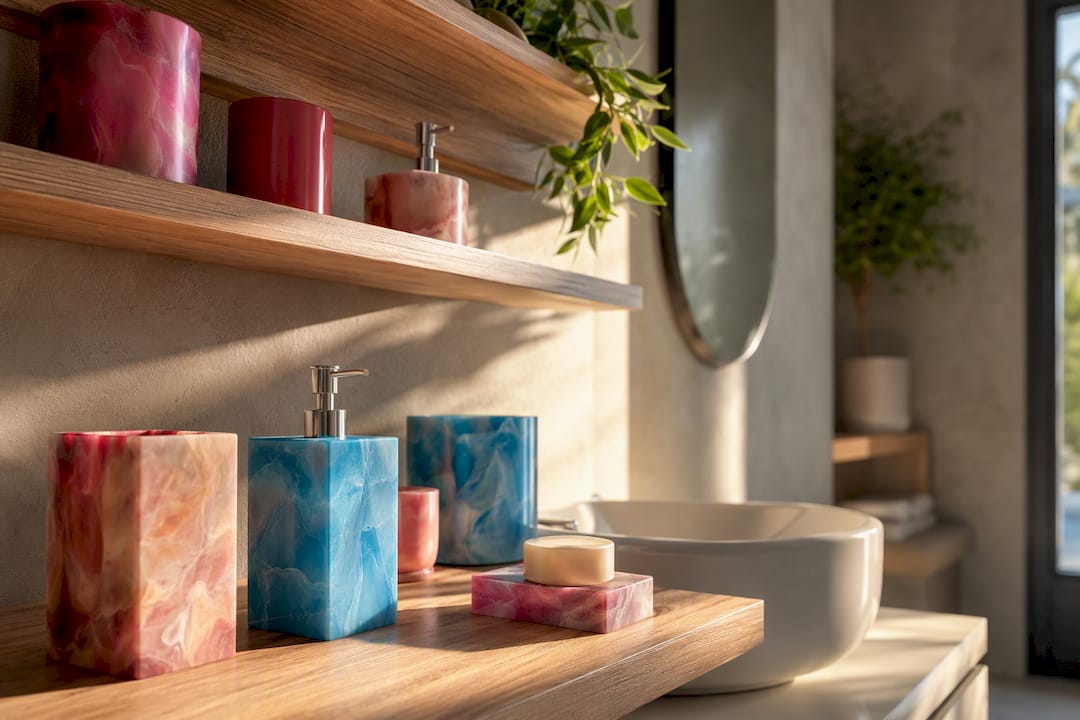 Accessori da bagno in resina colorata su mensola