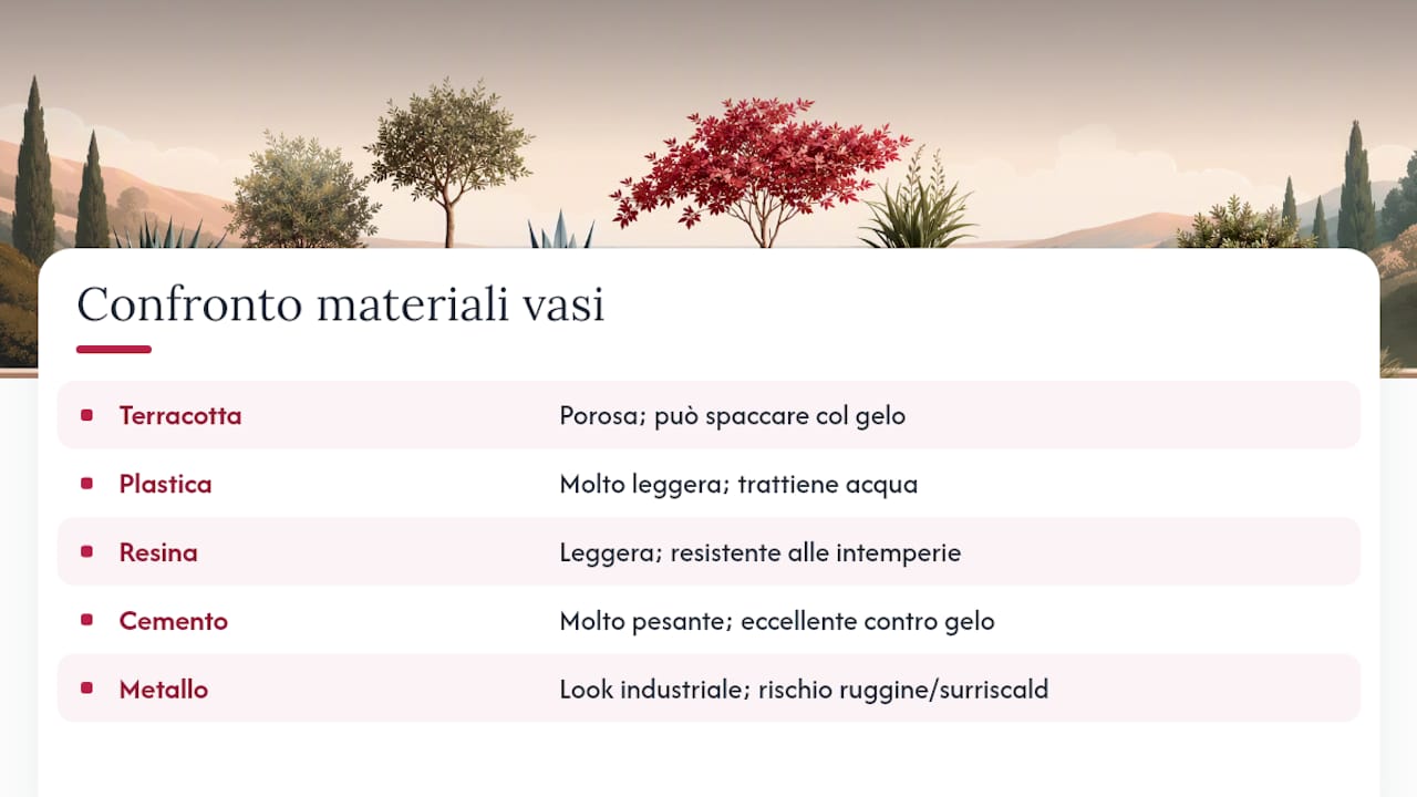 Diagramma comparativo dei materiali per vasi da esterno