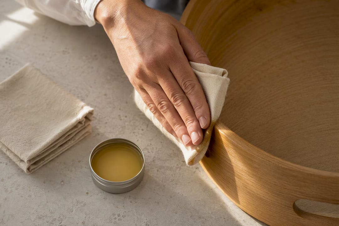 Mano che applica olio protettivo sul legno