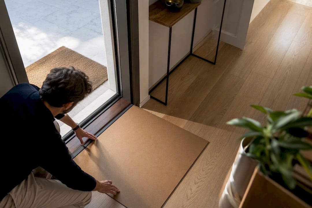 Mani misurano la dimensione del tappeto usando un cartone