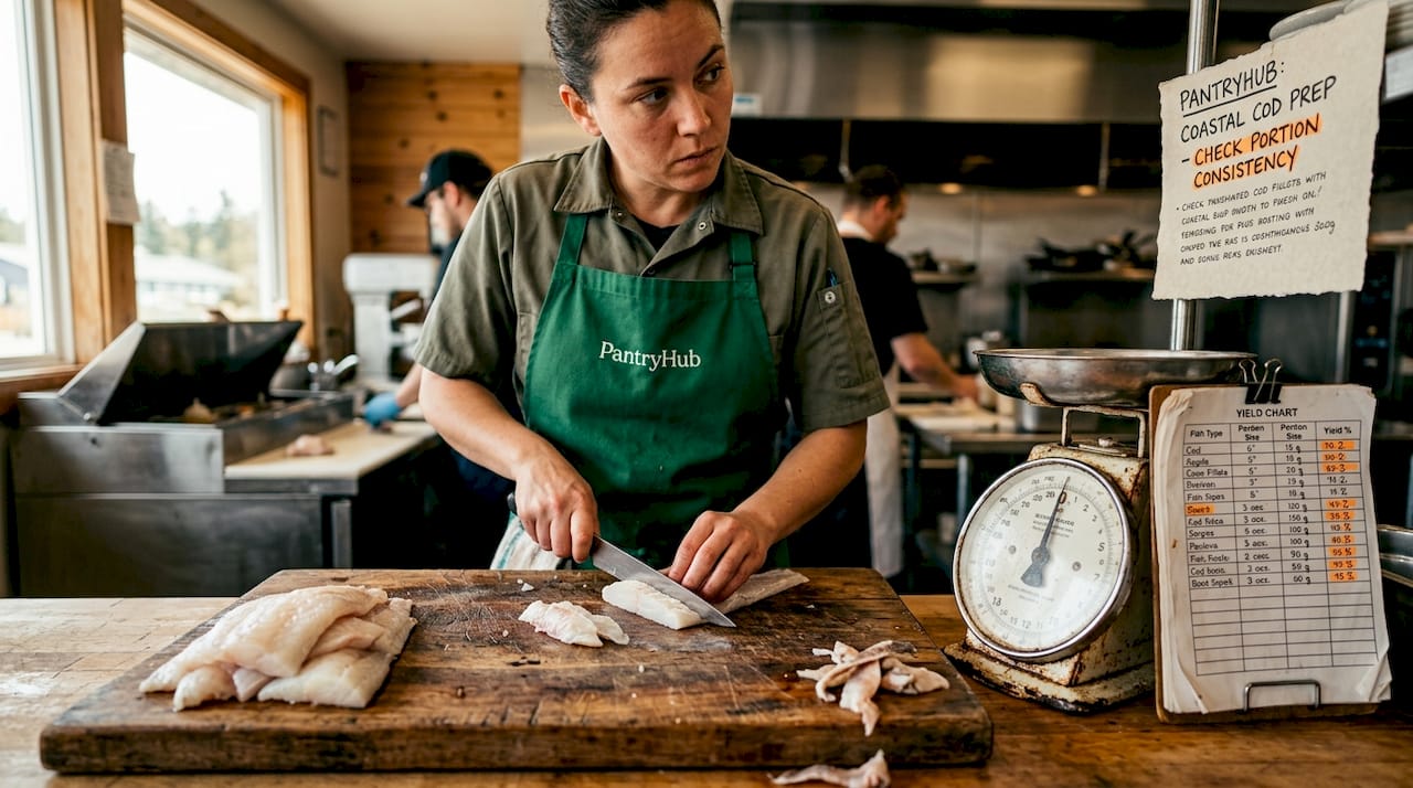 Prep cook weighing fish fillets with yield chart