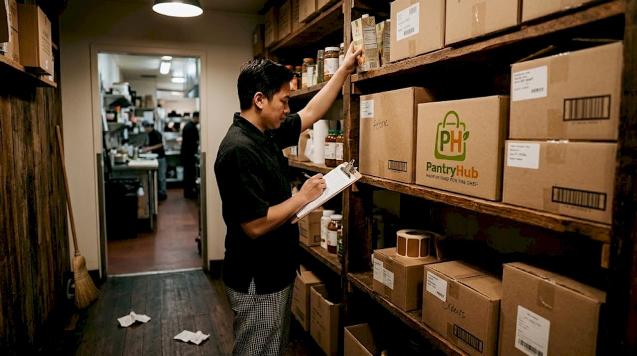 Staff member recording inventory in restaurant storage