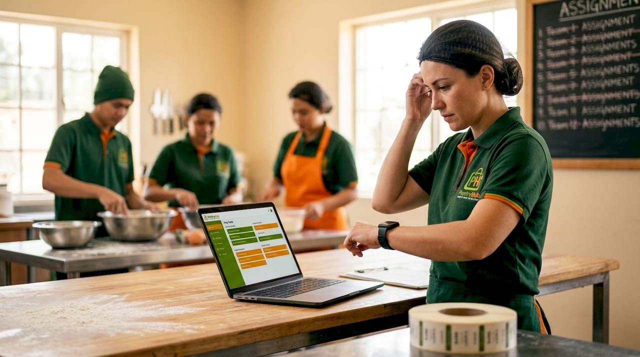 Supervisor reviews automated schedule in central kitchen