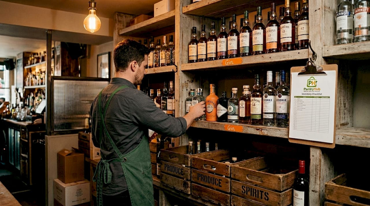 Bartender organizing labeled liquor shelves