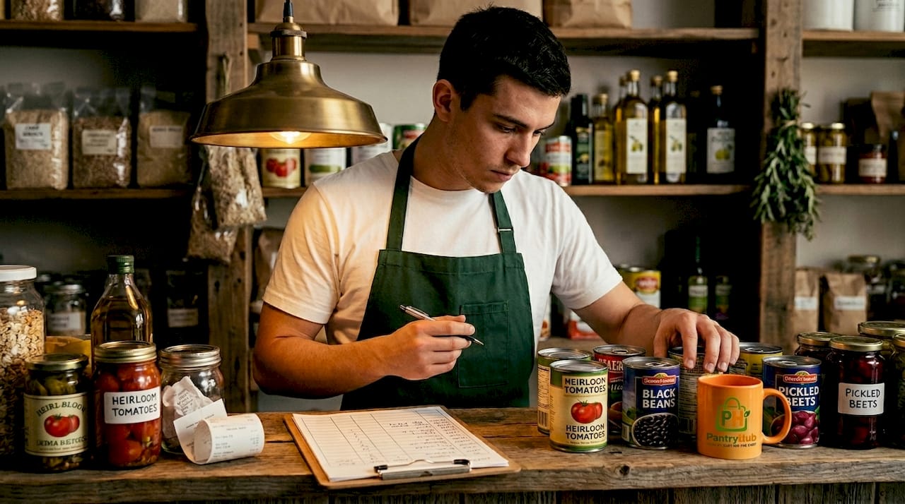 Cook checking pantry inventory with sheet