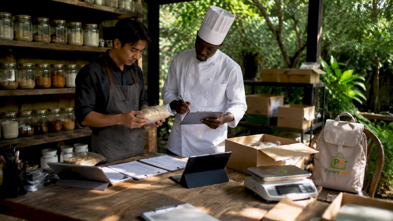 Two chefs performing commercial kitchen stock audit