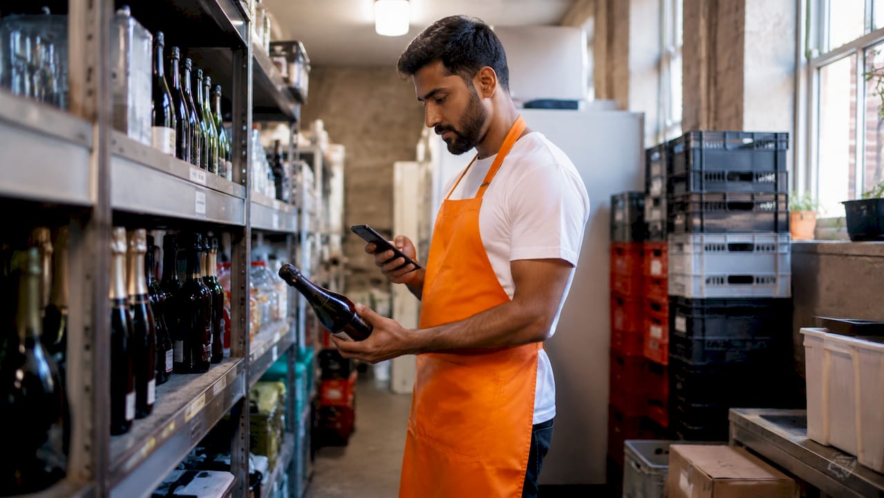 Hands scanning barcodes on beverage bottles in cellar