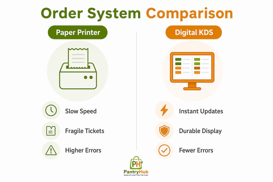 Infographic comparing paper printers and digital kitchen display systems