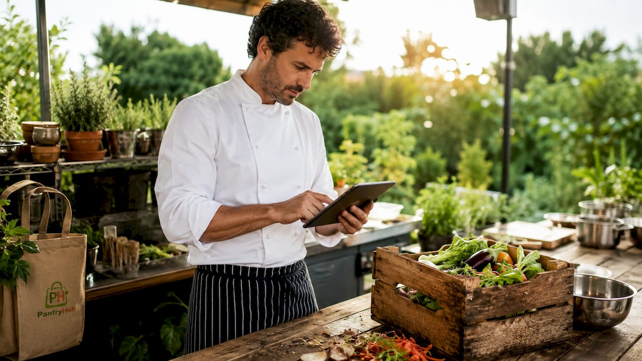 Chef updating stock data on tablet in busy kitchen