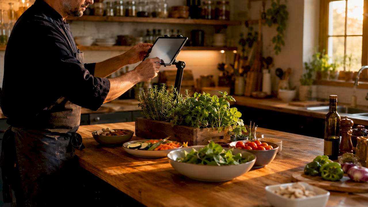 Mounted tablets and hardware setup in kitchen