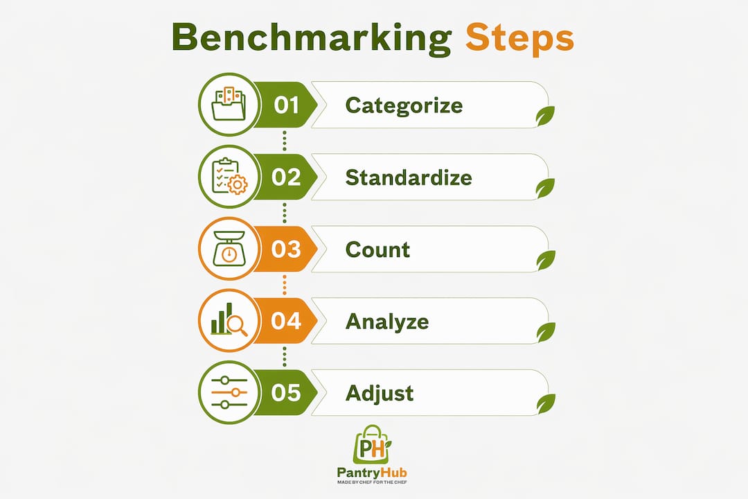 Infographic illustrating five steps of hospitality inventory benchmarking