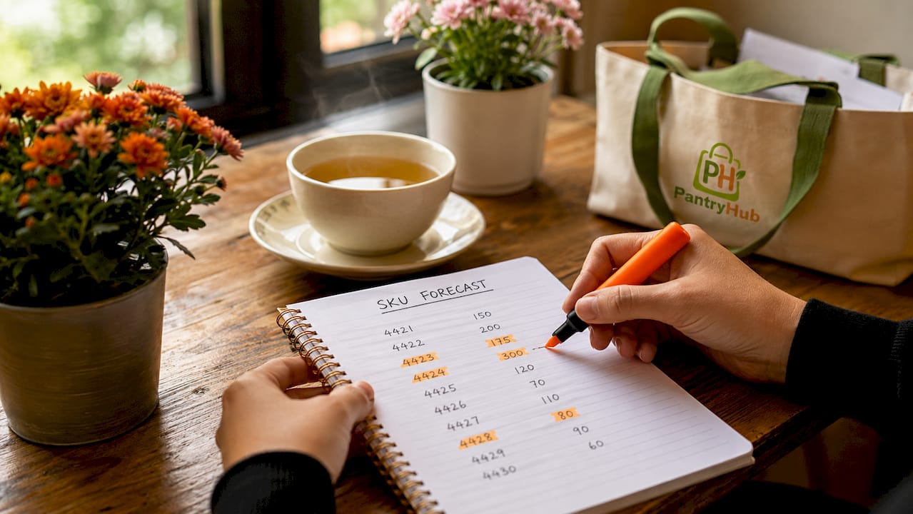 Hands adjusting SKU forecast with paper and tablet