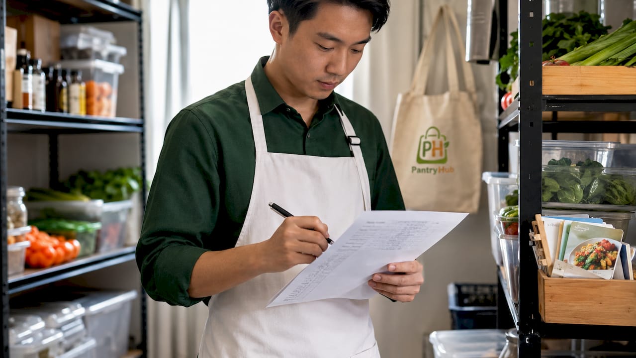 Close-up of hands filling stock count sheet inside cooler