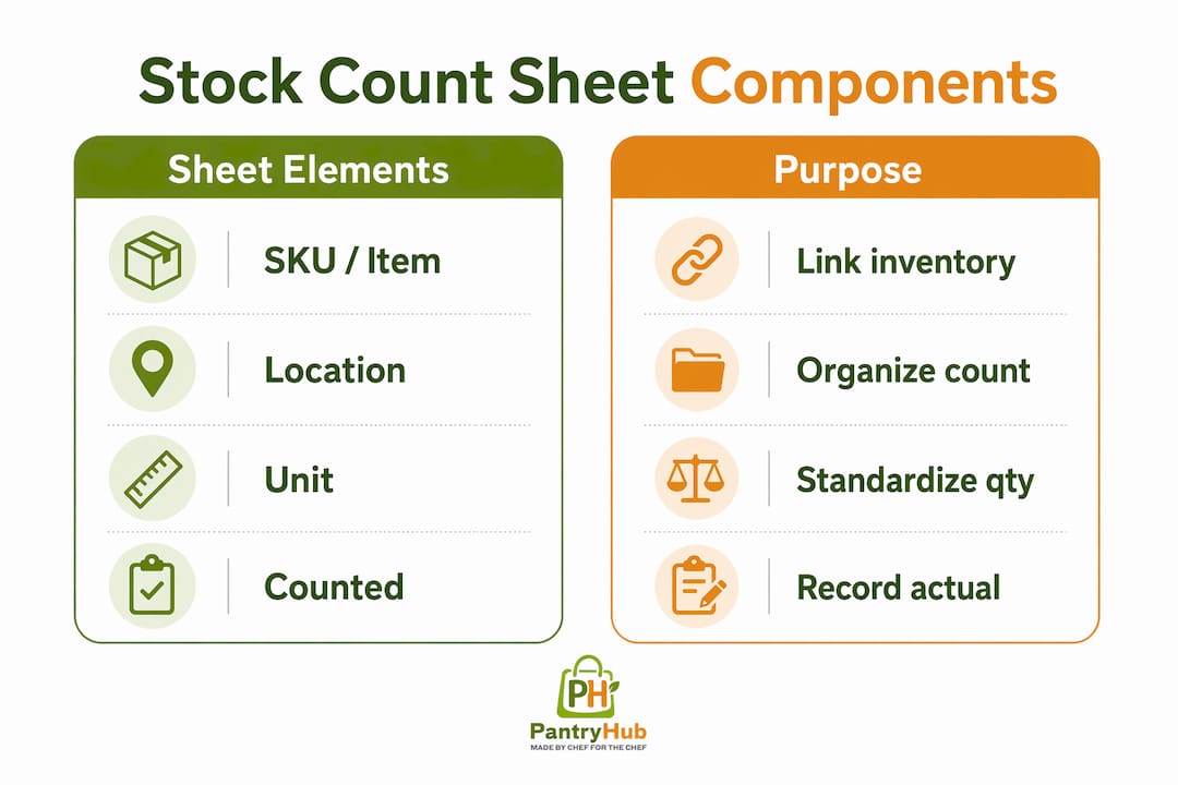 Infographic comparing stock count sheet components and their purposes
