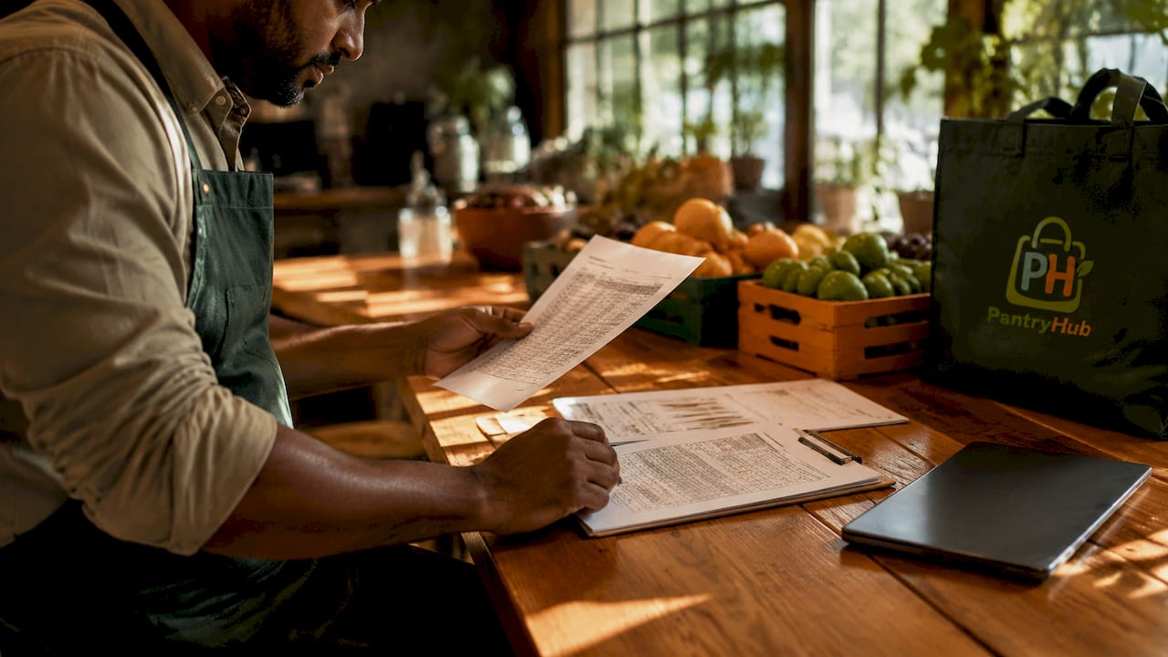 Chef reviewing sales data and inventory sheets